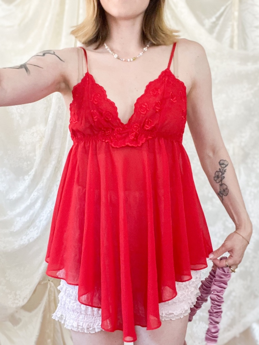 Red Rose Lace Handkerchief Hem Babydoll Camisole